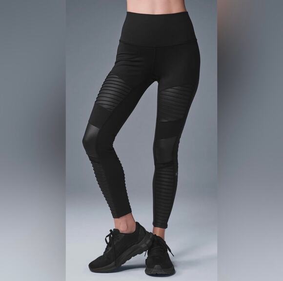 Alo Pants - Alo Yoga High Waist Moto Leggings Black Black Glossy Size S